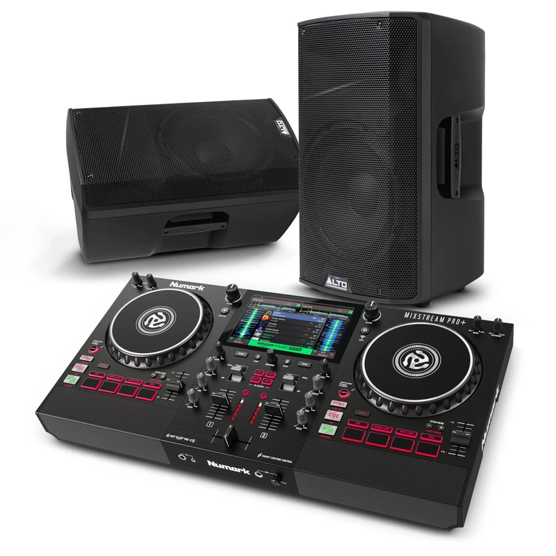 Numark Mixstream Pro+ DJ Controller and ALTO TX415 Powered PA Speakers Pair for Live Music, DJ sets, Events, Music production