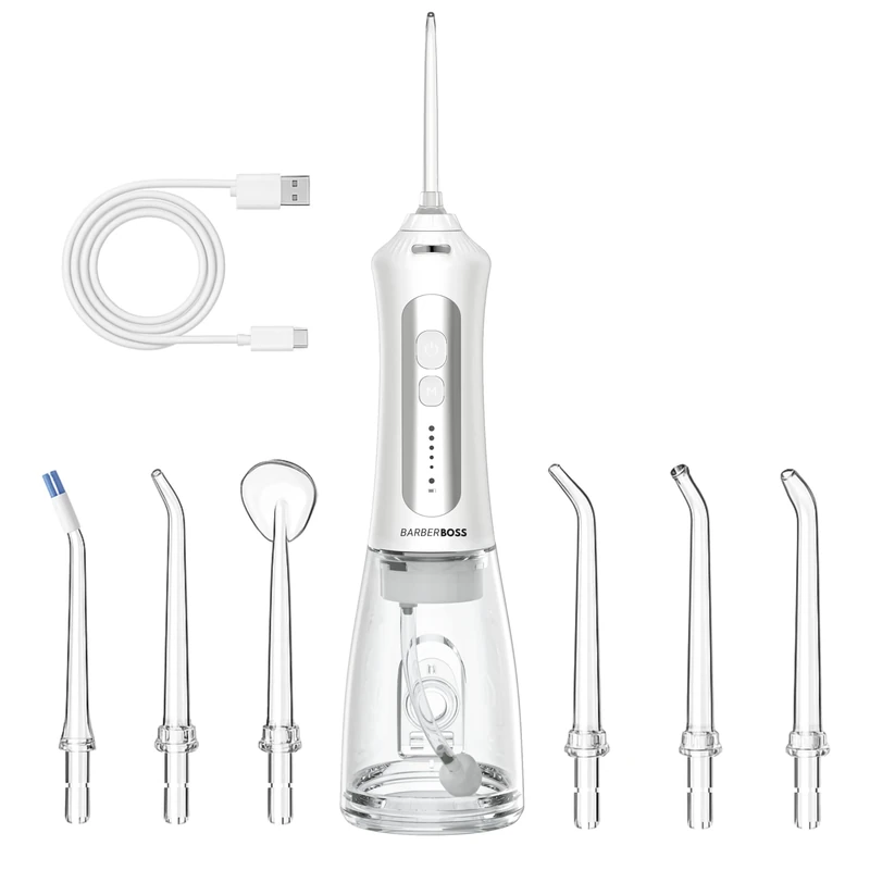 Barberboss Portable Teeth Water Flosser, Rechargeable Oral Irrigator, Teeth Flossing Kit with 5 Pressure Settings, 5 Interchangeable Nozzles, 300ML Water Tank & Travel-Friendly Design