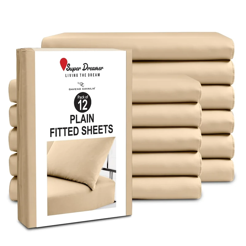 GC GAVENO CAVAILIA 12 Piece Microfiber Fitted Sheets - Double Bed (137x193cm) - Plain Bed Sheets - Deep Pocket 25cm (10") - Shrinkage, Fade & Wrinkle Resistant - Machine Washable - Beige