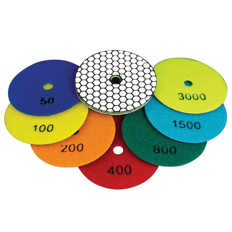 Mexco Diamond Dry Polishing Disc Kit - M14 Fit Hook & Loop Attachment Pad for Grinder, Polisher, 7 Pcs, High Performance Sanding Pads for Marble, Granite & Natural Stone – 50-3000 Grit, 4in (100mm)