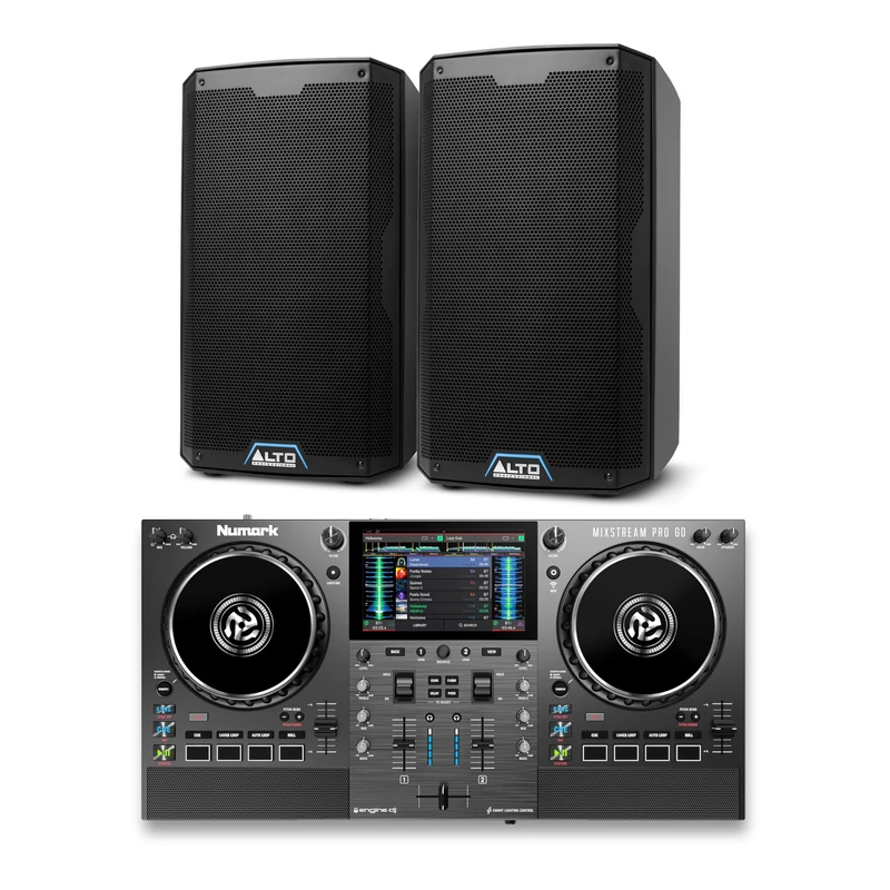 Numark Mixstream Pro Go DJ Controller and ALTO TS415 Powered PA Speakers Pair for Live Music, DJ sets, Events, Music production