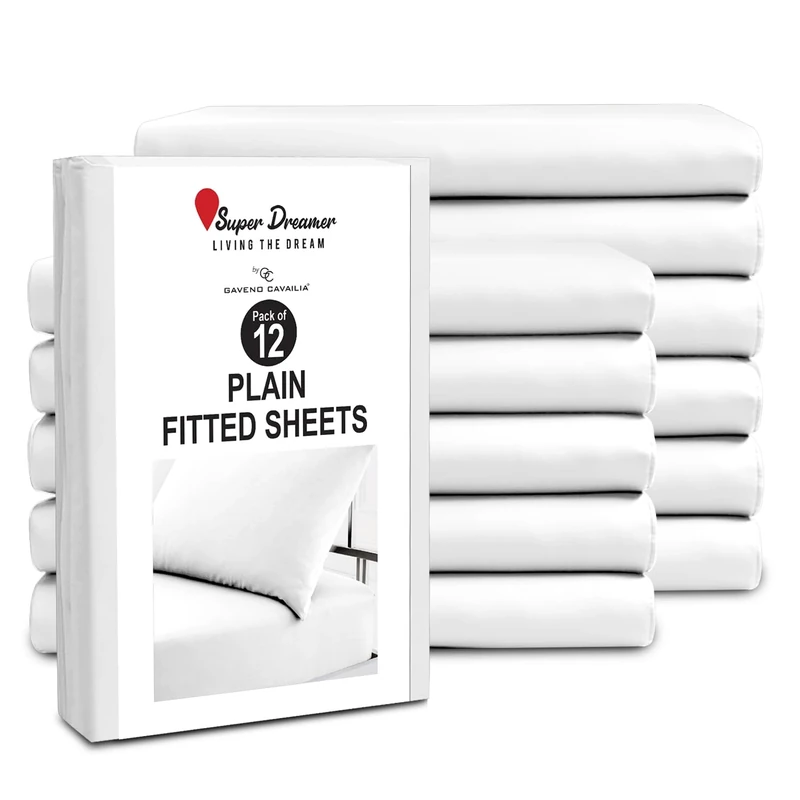 GC GAVENO CAVAILIA King Size Fitted Sheets (152x203cm) - Pack of 12 - Microfiber Plain Dyed Bedding - 25cm Deep Pocket - Breathable, Wrinkle & Shrink Resistant - Easycare Mattress Bottom Sheet - White