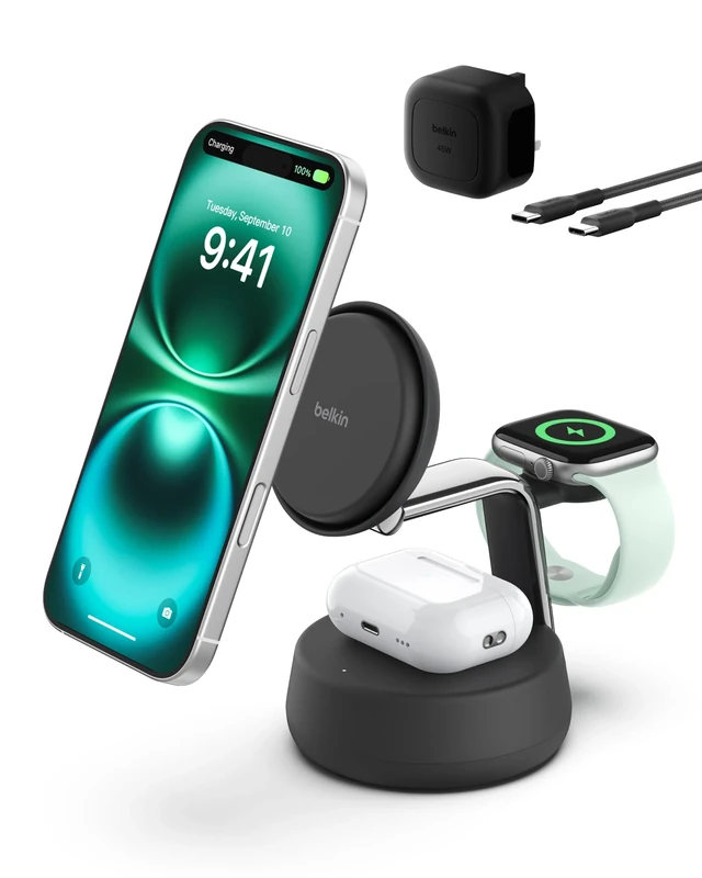 Belkin UltraCharge Pro Wireless Charging Station 25W, 3-in-1 Qi2.2 Certified MagSafe Compatible Charger for iPhone 17, Air, Apple Watch, AirPods, Pixelsnap, with Cooling Fan, 45W Adapter - Black