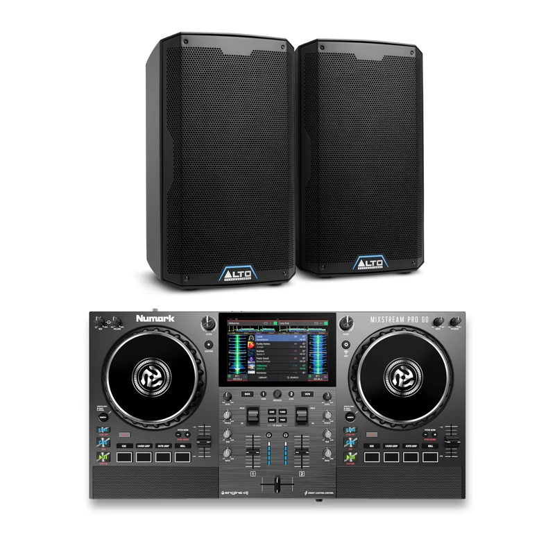 Numark Mixstream Pro Go DJ Controller and ALTO TS410 Powered PA Speakers Pair for Live Music, DJ sets, Events, Music production