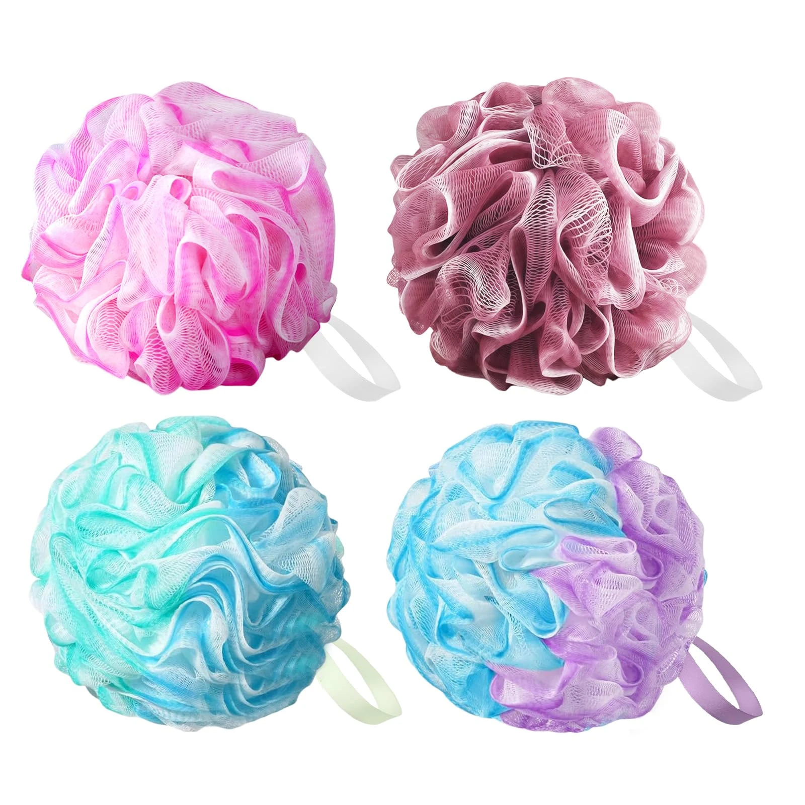 flintronic 4 Pack Loofah Shower Puff, 75g Large Bath Sponge, Soft Shower Pouf, Bath Loofah Men & Women, for Cleaning Body & Exfoliating Scrubber