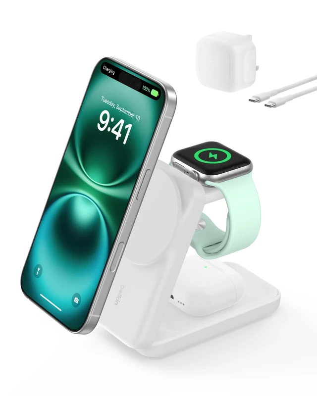 Belkin UltraCharge Magnetic Wireless Charger 25W, 3-in-1 Qi2.2 Certified MagSafe Compatible Fast Charger, Charging Station for iPhone 17, Air, Apple Watch, AirPods, Pixelsnap with 45W Adapter - White