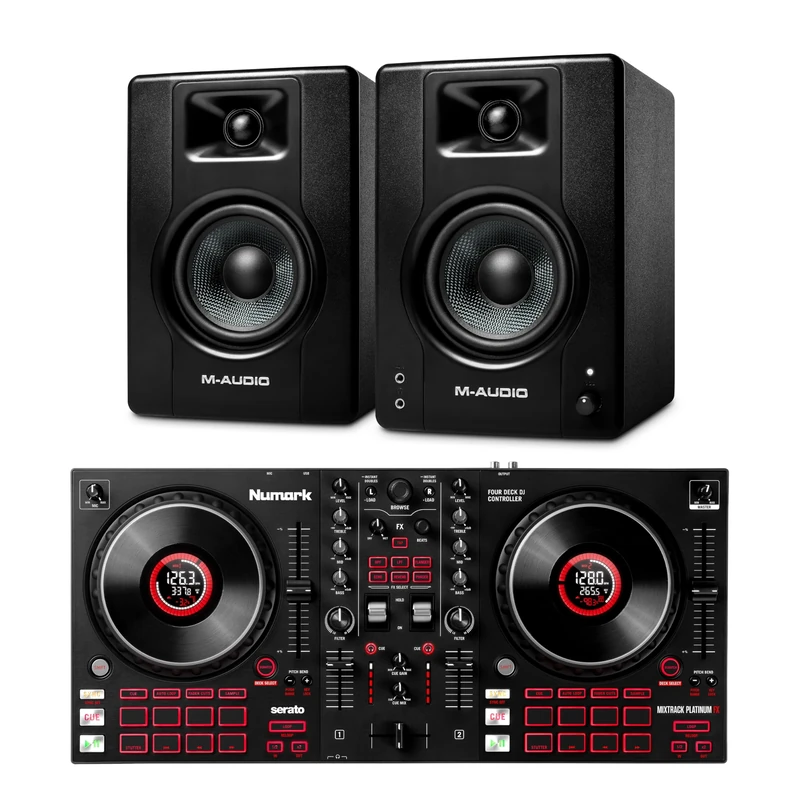 Numark Mixtrack Platinum FX DJ Controller and M-AUDIO BX4 Pair Studio Monitors for Studio Recording, Music Production, Podcasting, Streaming
