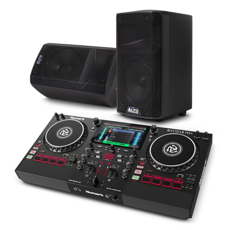 Numark Mixstream Pro+ DJ Controller and ALTO TX410 Powered PA Speakers Pair for Live Music, DJ sets, Events, Music production