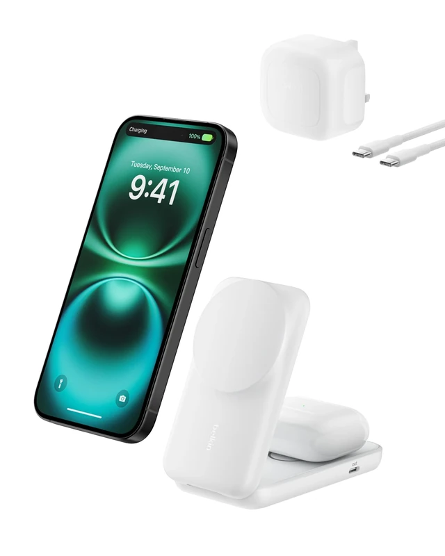Belkin UltraCharge 2-in-1 Wireless Charger 25W, Qi2.2 Certified MagSafe Compatible Charger, Charging Station for iPhone 17, Air, AirPods, Pixelsnap, Magnetic Stand with USB-C Port, 45W Adapter - White