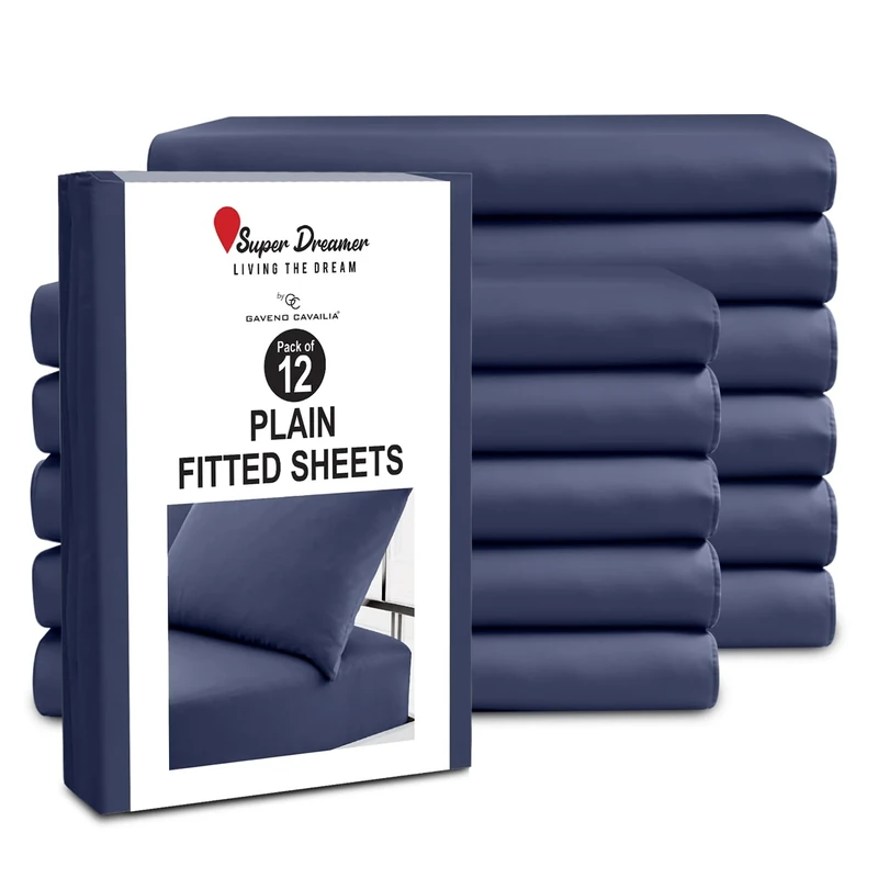 GC GAVENO CAVAILIA King Size Fitted Sheets (152x203cm) - Pack of 12 - Microfiber Plain Dyed Bedding - 25cm Deep Pocket - Soft, Breathable, Wrinkle Shrink Resistant - Mattress & Bottom Sheet - Navy