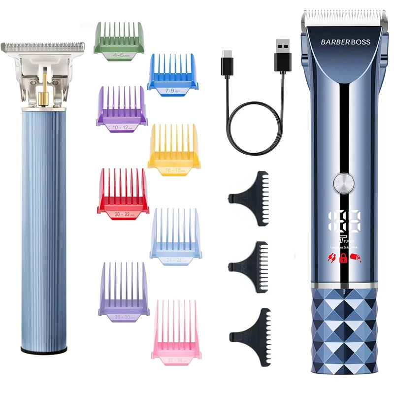 Barberboss Professional Men’s Hair Clipper Set, Cordless Beard & Hair Trimmer with LED Display, Turbo Mode, Titanium-Ceramic Blade & 8 Colour Guide Combs, USB Rechargeable Grooming Kit