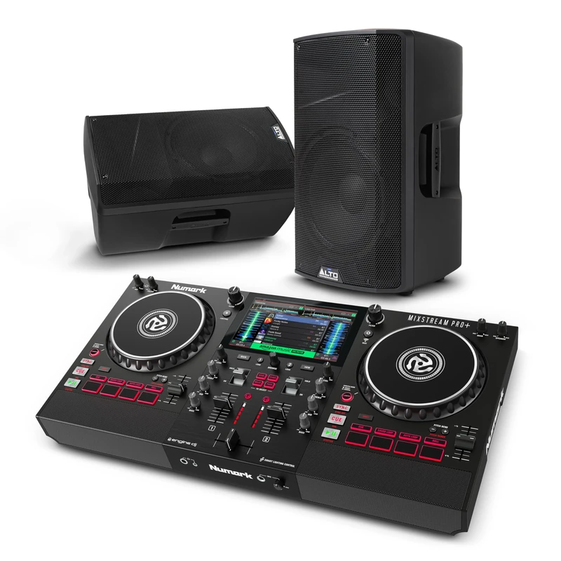 Numark Mixstream Pro+ DJ Controller and ALTO TX412 Powered PA Speakers Pair for Live Music, DJ sets, Events, Music production