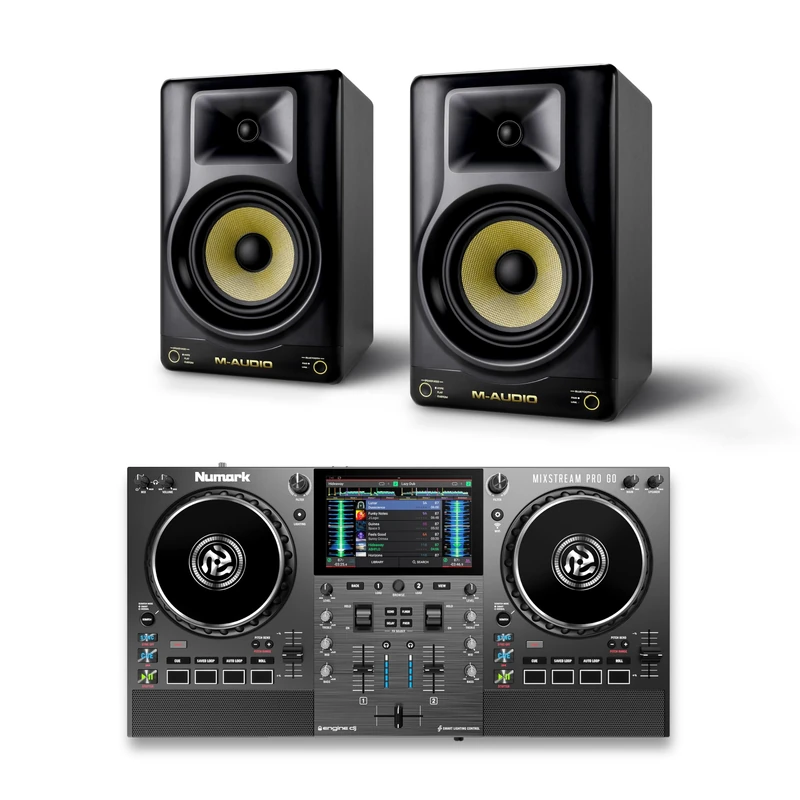 Numark Mixstream Pro Go DJ Controller and M-AUDIO Forty Sixty Pair Studio Monitors for Studio Recording, Music Production, Podcasting, Streaming