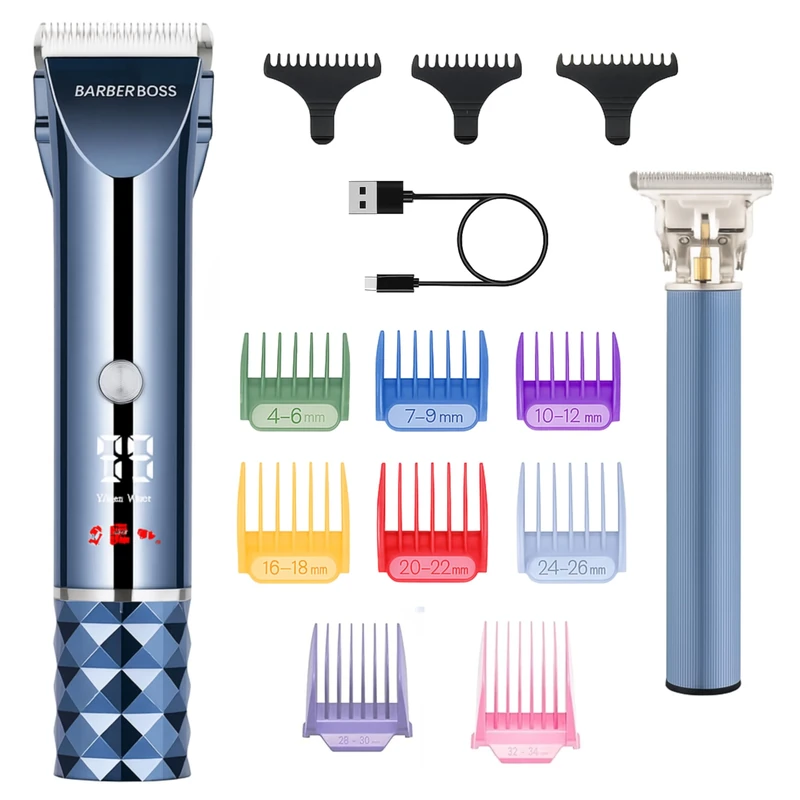 Barberboss Men’s Cordless Hair & Beard Trimmer, Turbo Mode Grooming Kit, 8 Colour Combs, Adjustable Dial, LED Battery Display & Ceramic Blade, Complete Grooming Kit for Men