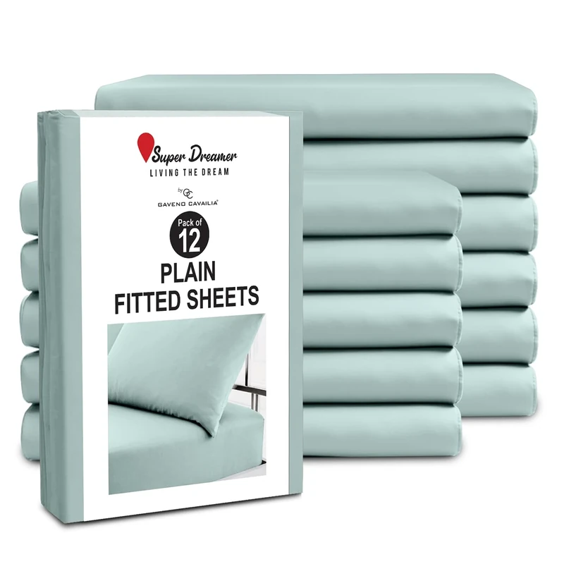 GC GAVENO CAVAILIA King Size Fitted Sheets (152x203cm) - Pack of 12 - Microfiber Plain Dyed Bedding - 25cm Deep Pocket - Soft, Breathable, Wrinkle Shrink Resistant - Mattress & Bottom Sheet - Duck Egg