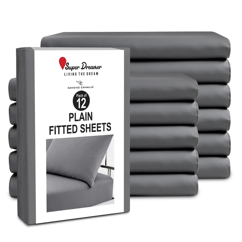 GC GAVENO CAVAILIA King Size Fitted Sheets (152x203cm) - Pack of 12 - Microfiber Plain Dyed Bedding - 25cm Deep Pocket - Soft, Breathable, Wrinkle & Shrink Resistant - Mattress Bottom Sheet - Charcoal