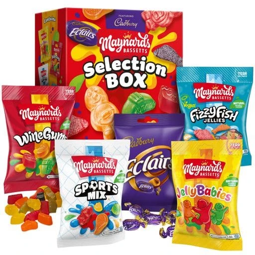 Cadbury & Maynards Bassets Sweet Selection Box By Cadbury Gifts Direct. Great stocking filler or Secret Sant. Containing Jelly Babies, Wine Gums, Sports Mix, Fizzy Fish & Eclairs