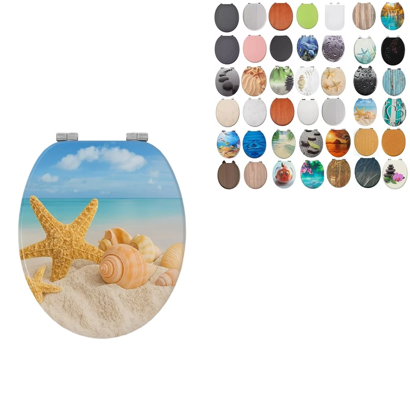 18" MDF Toilet Seat Universal Adjustable Fit Most Toilets Oval Seat┃Bathroom Standard Wooden MDF Toilet Seat | WC SEAT +Fittings (Beach & Seashell)