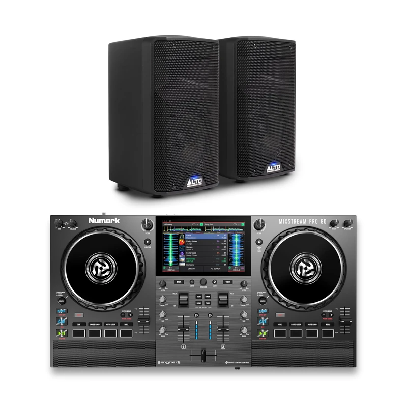 Numark Mixstream Pro Go DJ Controller and ALTO TX408 Powered PA Speakers Pair for Live Music, DJ sets, Events, Music production