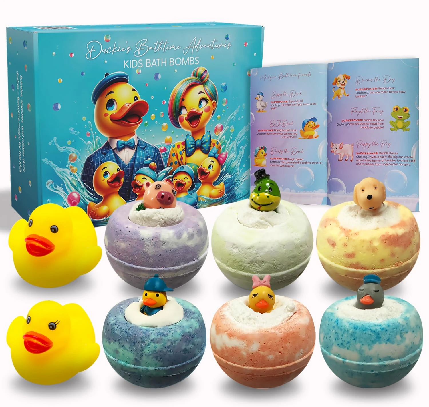 6pcs Kids Bath Bombs Set with 6 Toys & 2 Rubber Ducks – Fun Bath Bombs for Kids with Surprise Toys Inside & 6 Bathtime Stories – Safe for Sensitive Skin & Birthday Gift for Boys & Girls