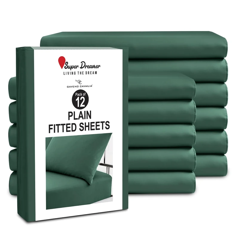 GC GAVENO CAVAILIA King Size Fitted Sheets (152x203cm) - Pack of 12 - Microfiber Plain Dyed Bedding - 25cm Deep Pocket - Breathable, Wrinkle & Shrink Resistant - Mattress & Bottom Sheet - Dark Green