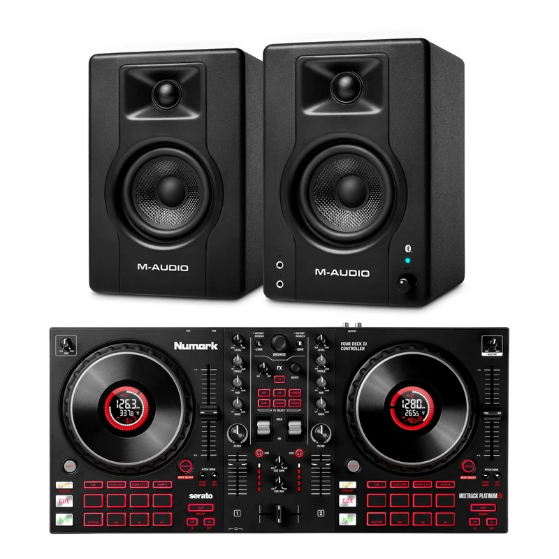 Numark Mixtrack Platinum FX DJ Controller and M-AUDIO BX4 Pair Bluetooth Studio Monitors for Studio Recording, Music Production, Podcasting, Streaming