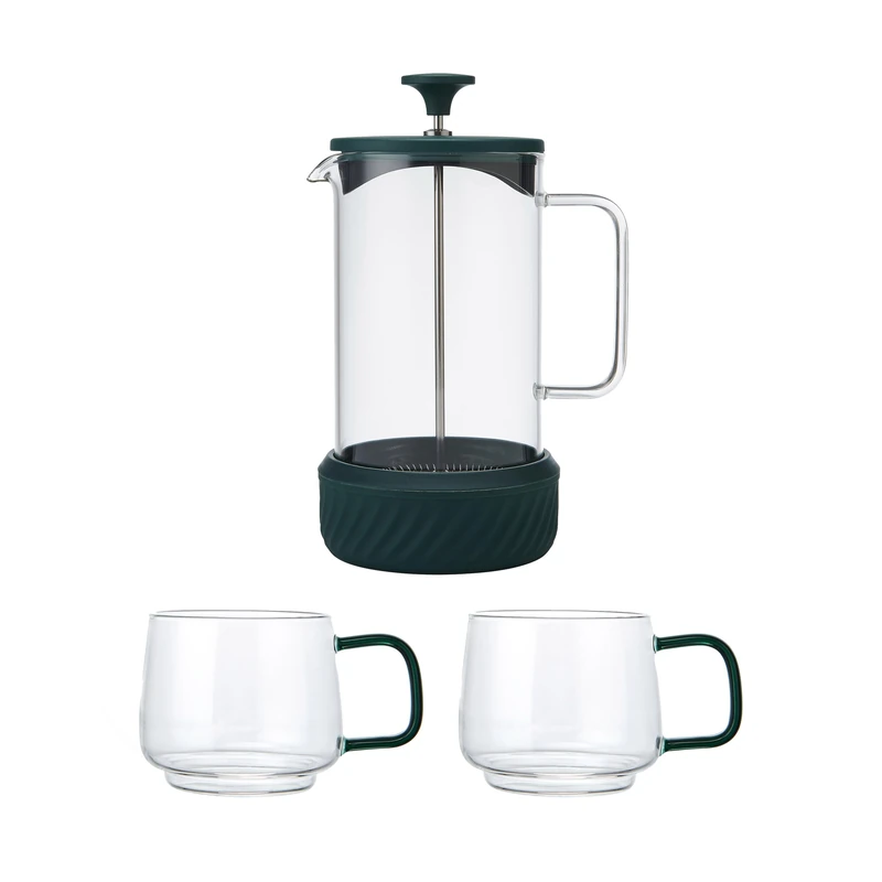 La Cafetière Zero 8 Cup Green Colour Cafetière and Mug Set, No Mess Coffee French Press Heat Resistant With Glass Handle and Removable Silicone Base, Easy To Clean, Gift Idea for Coffee Lovers
