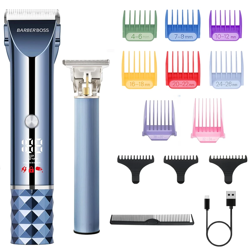 Barberboss Turbo Beard & Hair Clipper for Men, LED Cordless Trimmer, Adjustable Blade Dial, USB Fast Charging & 8-Length Comb Set, Men’s Grooming Kit