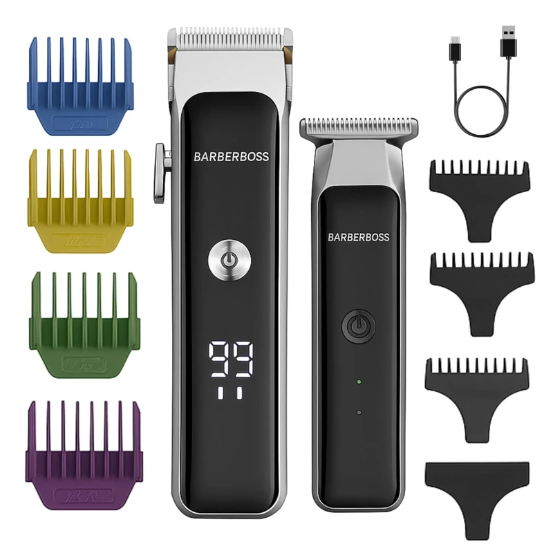 Barberboss Cordless Beard & Hair Clipper Duo, Men’s Facial Grooming Kit with Ceramic Blades, Speed Control, Precision Dial, USB Charging & LED Status Lights