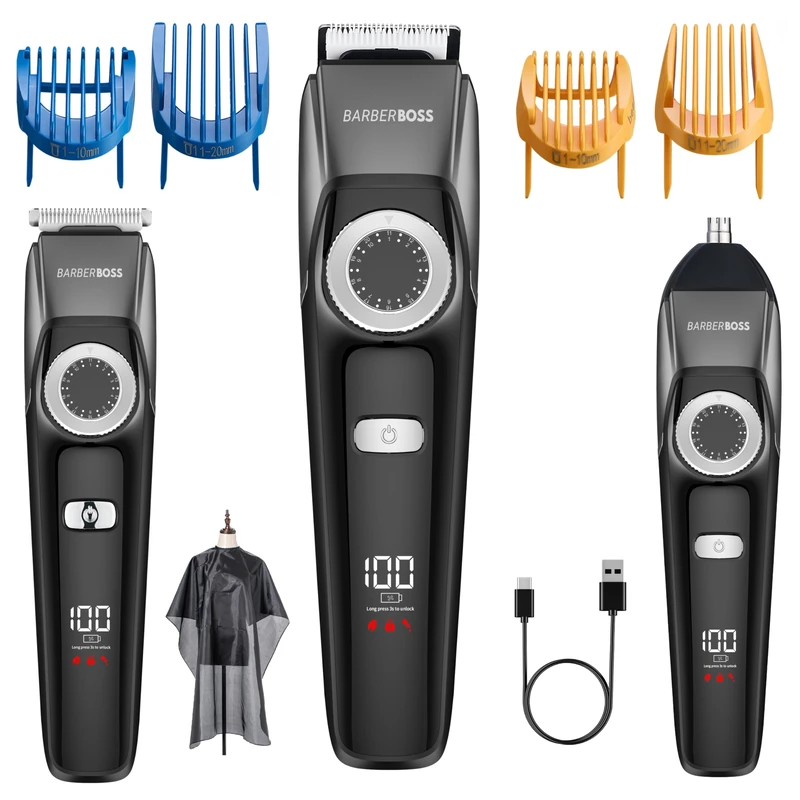Barberboss Men’s Grooming Trimmer, Waterproof 3-in-1 Clipper, Hair, Beard & Nose Groomer with Adjustable Dial, LED Display, USB Charging Hair Kit for Men
