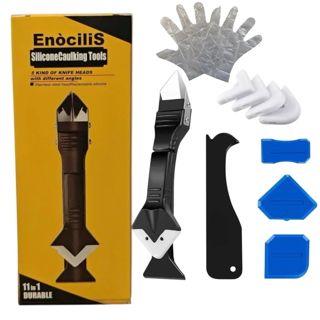 Caulking Tool Set EnociliS 11-in-1 Silicone, Sealant Finishing Tool with Stainless Steel Head, Scraper for Bathroom, Kitchen, Windows Caulk Remover Glass Glue, Kitchen,Floor,Window,Sink Joint,Frames