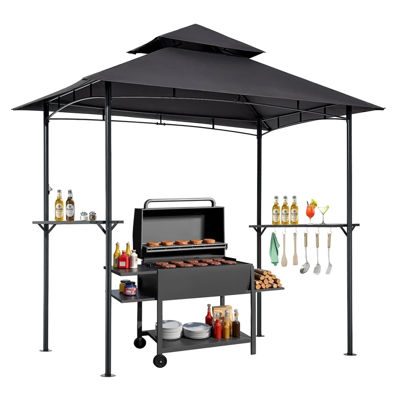 VEVOR Grill Gazebo, 8 x 5 ft Outdoor BBQ Gazebo with Double-Tiered Roof, Powder-Coated Steel Patio Grill Shelter with 2 Side Shelves & 8 Hooks, Grilling Canopy for Patio Backyard Garden Picnic - Image 1