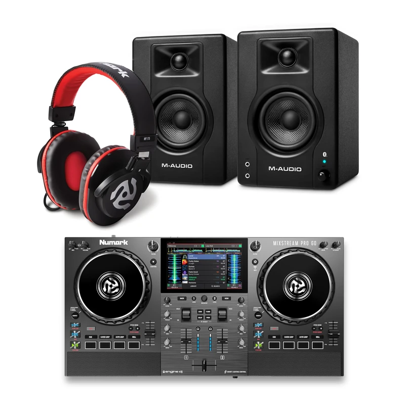 Numark Mixstream Pro Go DJ Controller and M-AUDIO BX3 Pair Bluetooth Studio Monitors with Headphones for Studio Recording, Music Production, Podcasting, Streaming