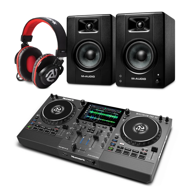Numark Mixstream Pro Go DJ Controller and M-AUDIO BX3 Pair Studio Monitors with Headphones for Studio Recording, Music Production, Podcasting, Streaming