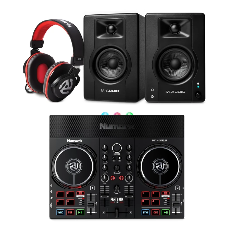 Numark Party Mix Live DJ Controller and M-AUDIO BX3 Pair Bluetooth Studio Monitors with Headphones for Studio Recording, Music Production, Podcasting, Streaming