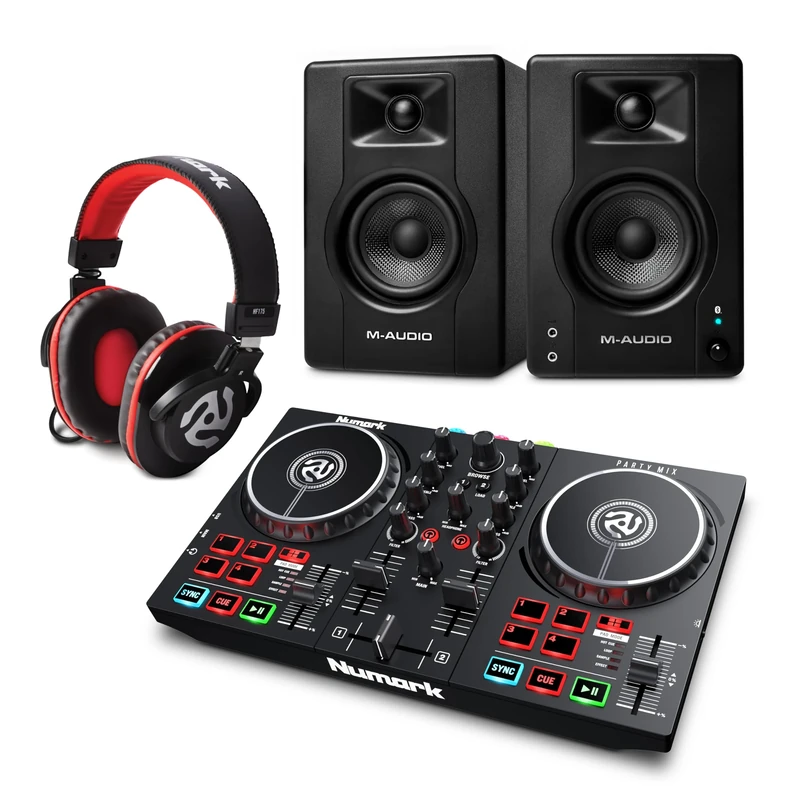 Numark Party Mix II DJ Controller and M-AUDIO BX3 Pair Bluetooth Studio Monitors with Headphones for Studio Recording, Music Production, Podcasting, Streaming
