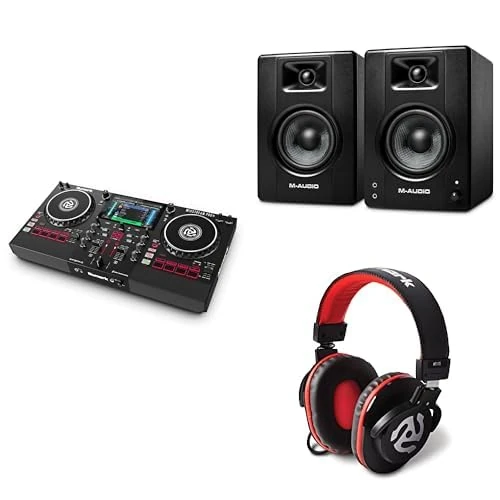 Numark Mixstream Pro+ DJ Controller and M-AUDIO BX4 Pair Studio Monitors with Headphones for Studio Recording, Music Production, Podcasting, Streaming