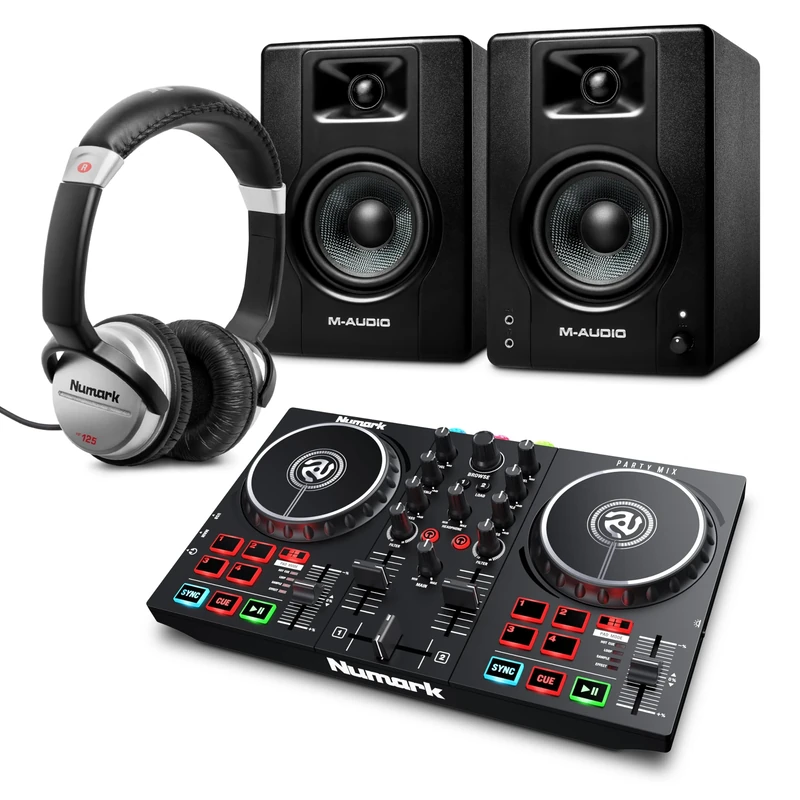 Numark Party Mix II DJ Controller and M-AUDIO BX4 Pair Studio Monitors with Headphones for Studio Recording, Music Production, Podcasting, Streaming