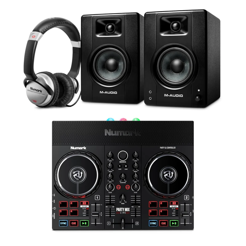 Numark Party Mix Live DJ Controller and M-AUDIO BX4 Pair Studio Monitors with Headphones for Studio Recording, Music Production, Podcasting, Streaming