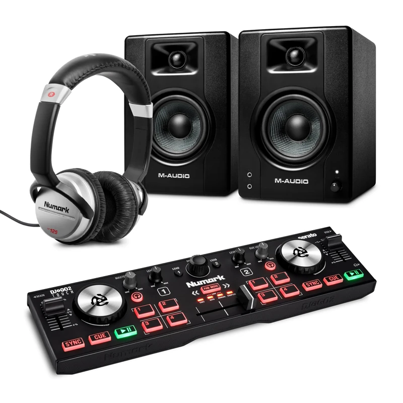 Numark DJ2GO2 Touch DJ Controller and M-AUDIO BX4 Pair Studio Monitors with Headphones for Studio Recording, Music Production, Podcasting, Streaming