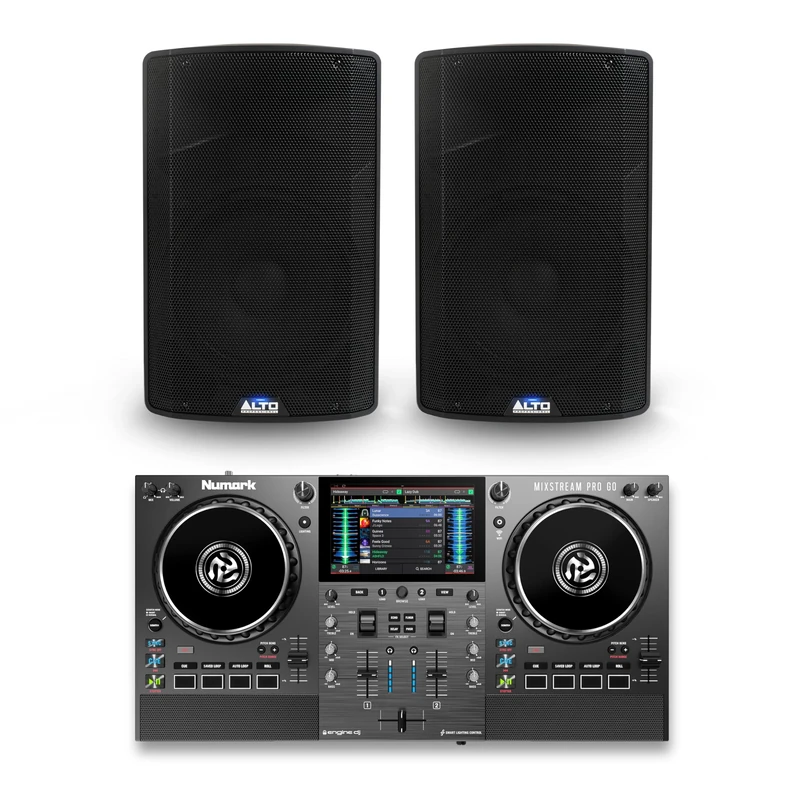 Numark Mixstream Pro Go DJ Controller and ALTO TX415 Powered PA Speakers Pair for Live Music, DJ sets, Events, Music production