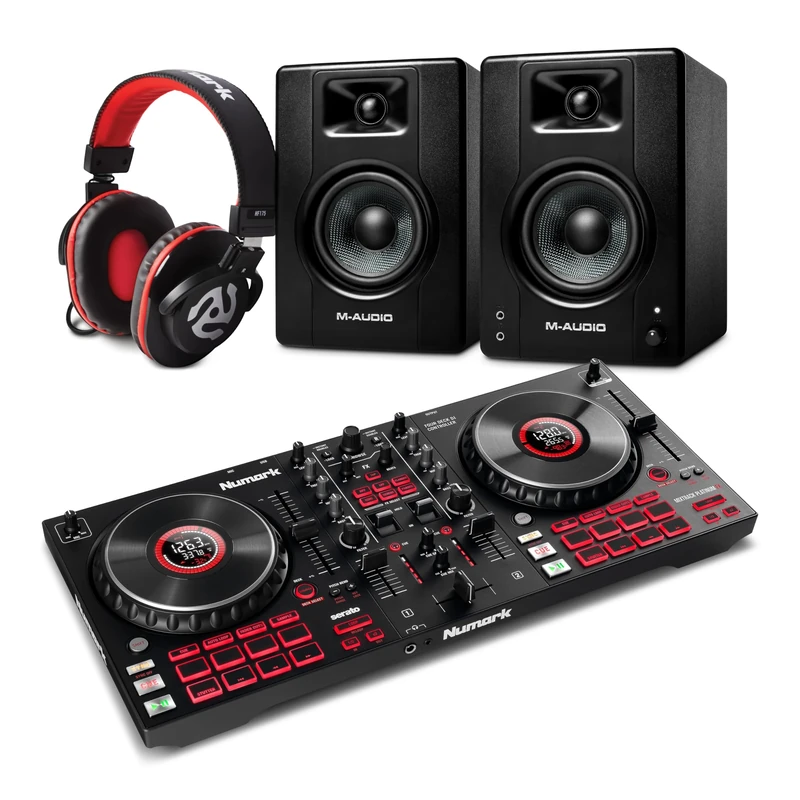 Numark Mixtrack Platinum FX DJ Controller and M-AUDIO BX3 Pair Studio Monitors with Headphones for Studio Recording, Music Production, Podcasting, Streaming