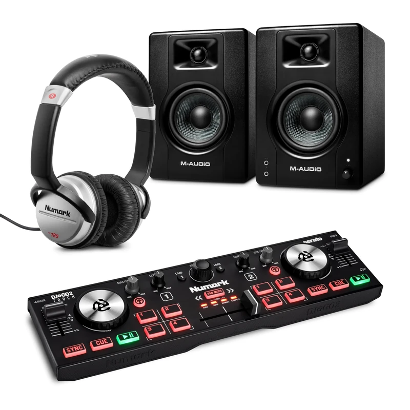 Numark DJ2GO2 Touch DJ Controller and M-AUDIO BX3 Pair Studio Monitors with Headphones for Studio Recording, Music Production, Podcasting, Streaming