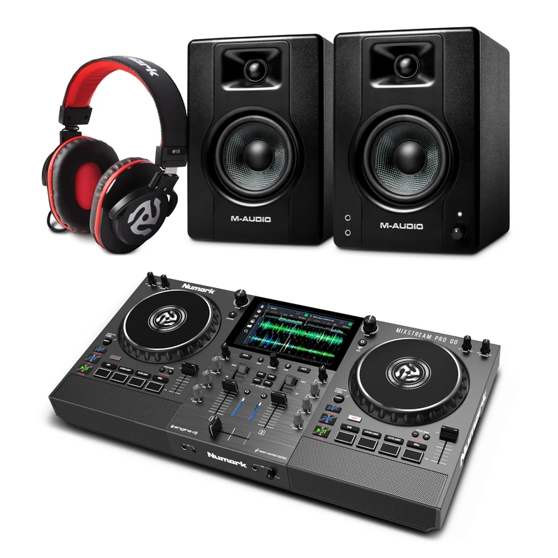 Numark Mixstream Pro Go DJ Controller and M-AUDIO BX4 Pair Studio Monitors with Headphones for Studio Recording, Music Production, Podcasting, Streaming