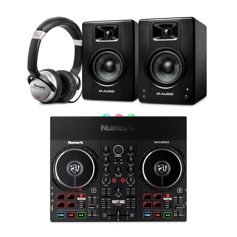 Numark Party Mix Live DJ Controller and M-AUDIO BX3 Pair Studio Monitors with Headphones for Studio Recording, Music Production, Podcasting, Streaming