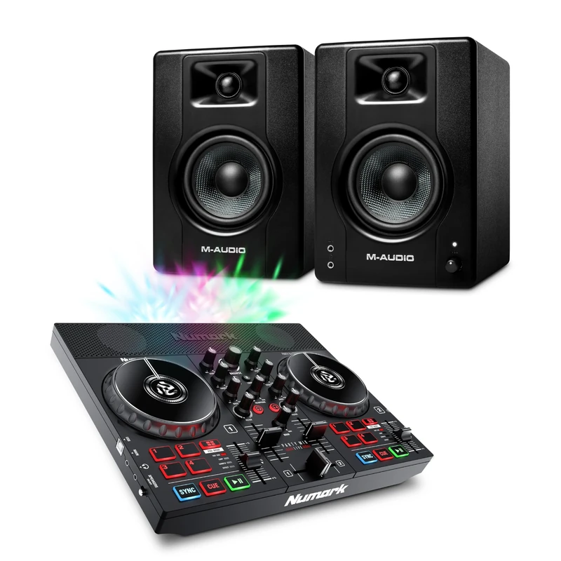 Numark Party Mix Live DJ Controller and M-AUDIO BX4 Pair Studio Monitors for Studio Recording, Music Production, Podcasting, Streaming