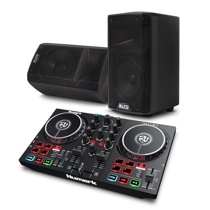 Numark Party Mix II DJ Controller and ALTO TX408 Powered PA Speakers Pair for Live Music, DJ sets, Events, Music production
