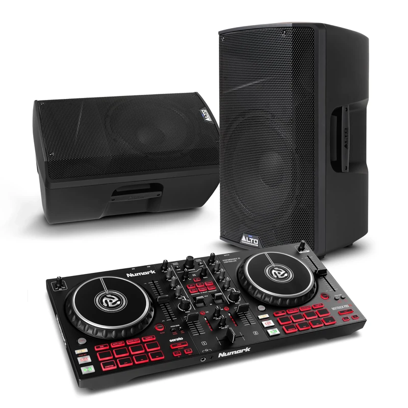 Numark Mixtrack Pro FX DJ Controller and ALTO TX415 Powered PA Speakers Pair for Live Music, DJ sets, Events, Music production