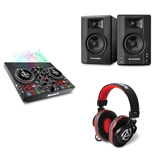 Numark Party Mix Live DJ Controller and M-AUDIO BX4 Pair Bluetooth Studio Monitors with Headphones for Studio Recording, Music Production, Podcasting, Streaming