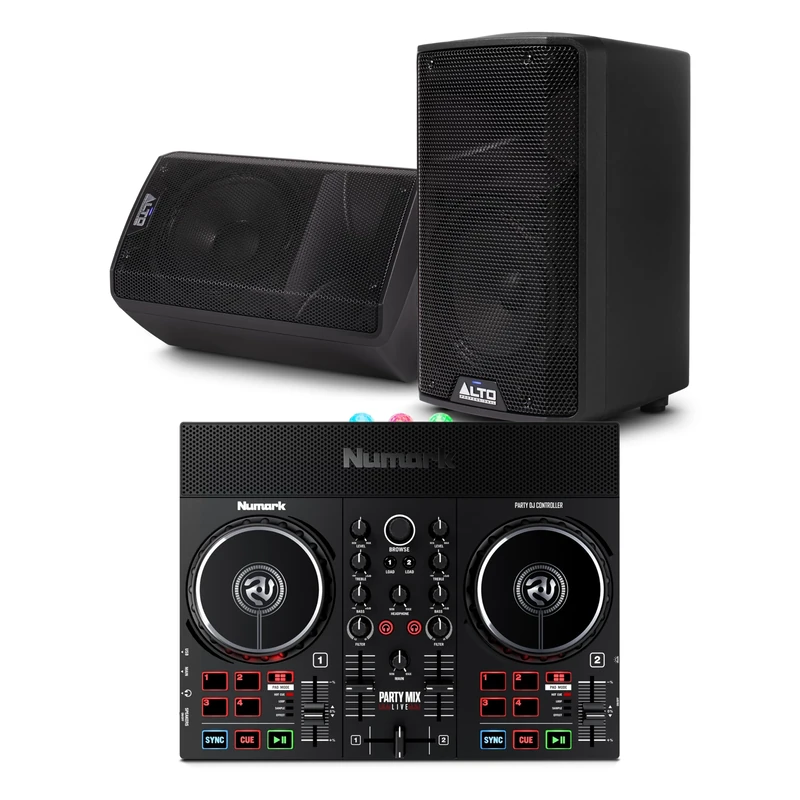 Numark Party Mix Live DJ Controller and ALTO TX408 Powered PA Speakers Pair for Live Music, DJ sets, Events, Music production